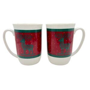 Department 56 Sampler Reindeer Christmas Mugs Set of 2 Red Green Holiday Deer